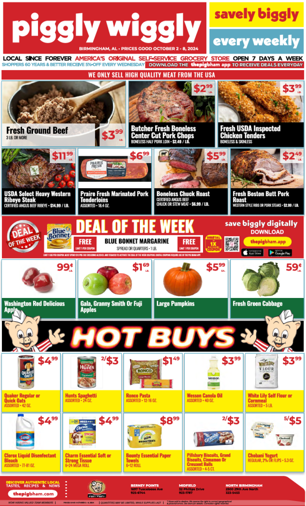 Piggly Wiggly weekly ad for October 2-8, 2024, promoting discounts on ground beef, ribeye steaks, fresh produce, and various grocery hot buys.
